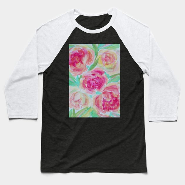 Pink Roses Watercolor Painting Baseball T-Shirt by SvitlanaProuty